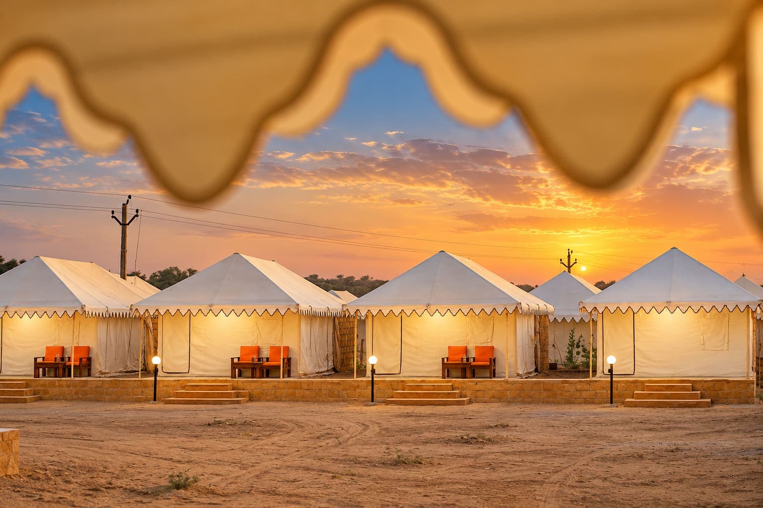 Deluxe Swiss tents lined along the sand at Sam Sand Dunes, Jaisalmer