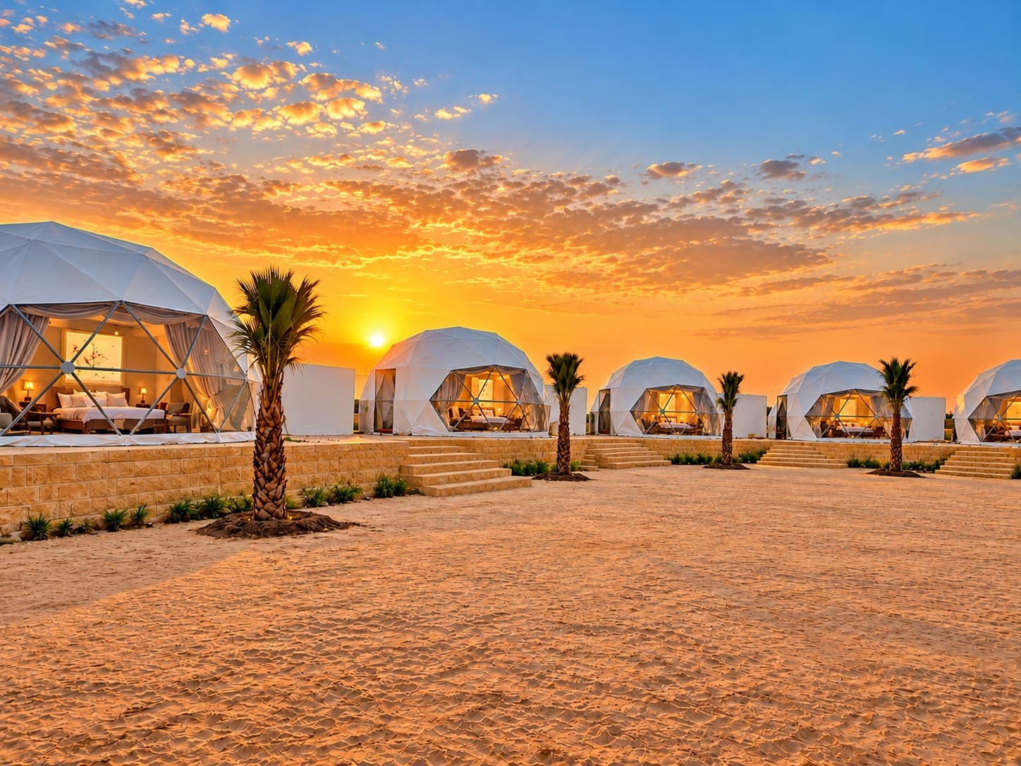 Luxury Dome tents with glass fronts and palm trees at sunset, Desert Overnight Camp Jaisalmer