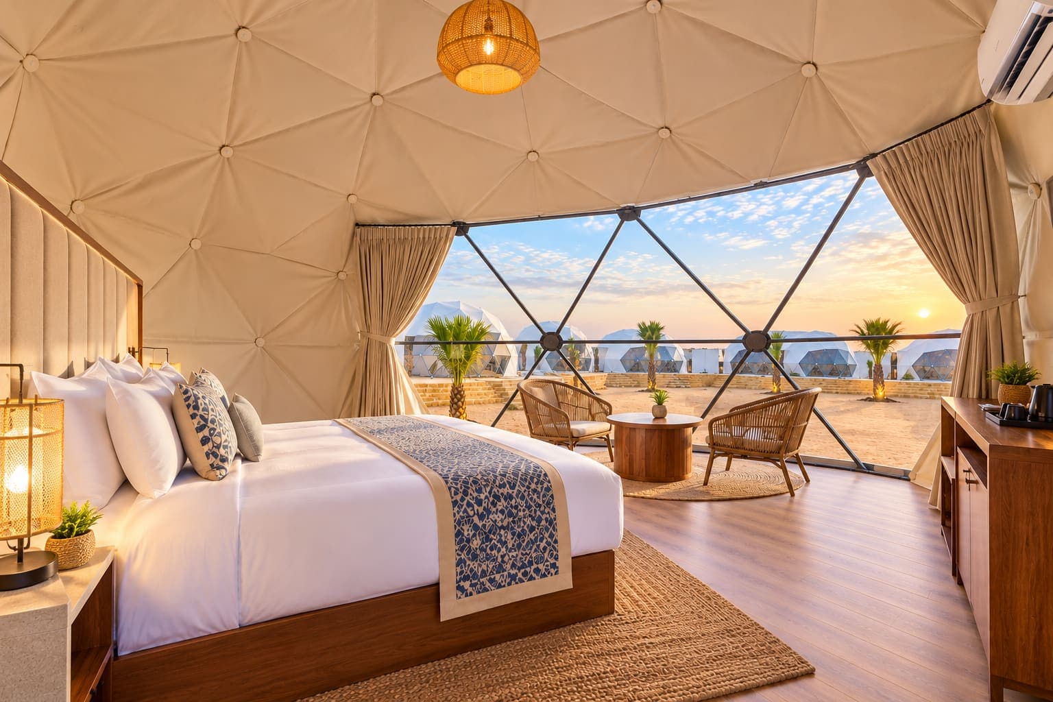 Inside an air-conditioned Luxury Dome: double bed, lounge chairs and a glass wall onto the desert