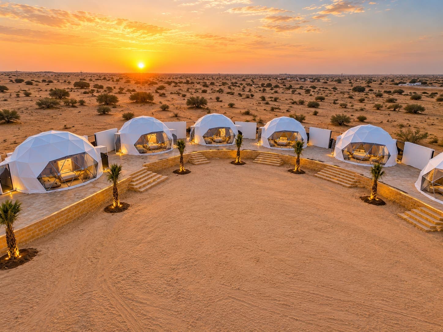 Row of Luxury Dome tents facing the Thar Desert at sunset, seen from above