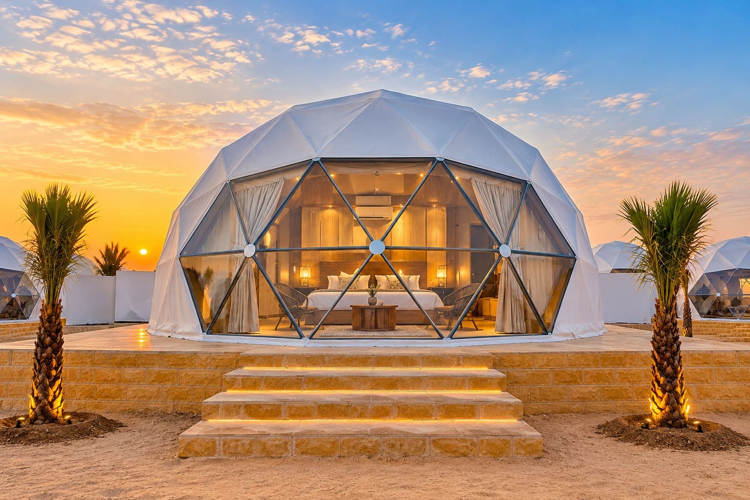 Luxury Dome tent lit from inside with sandstone steps and palms at sunset