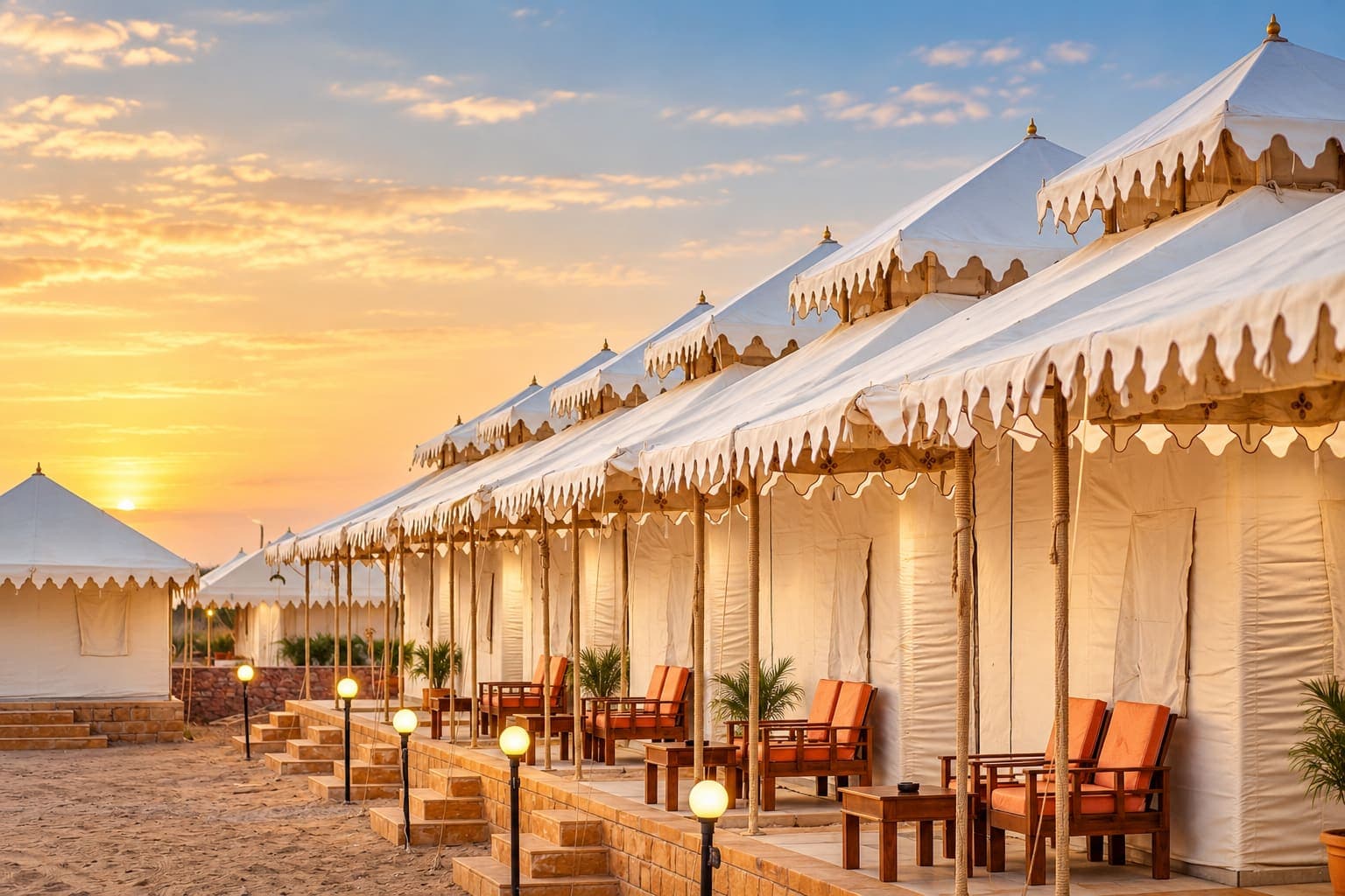 Swiss tents with cushioned sit-outs under a pink dusk sky at our Jaisalmer desert camp